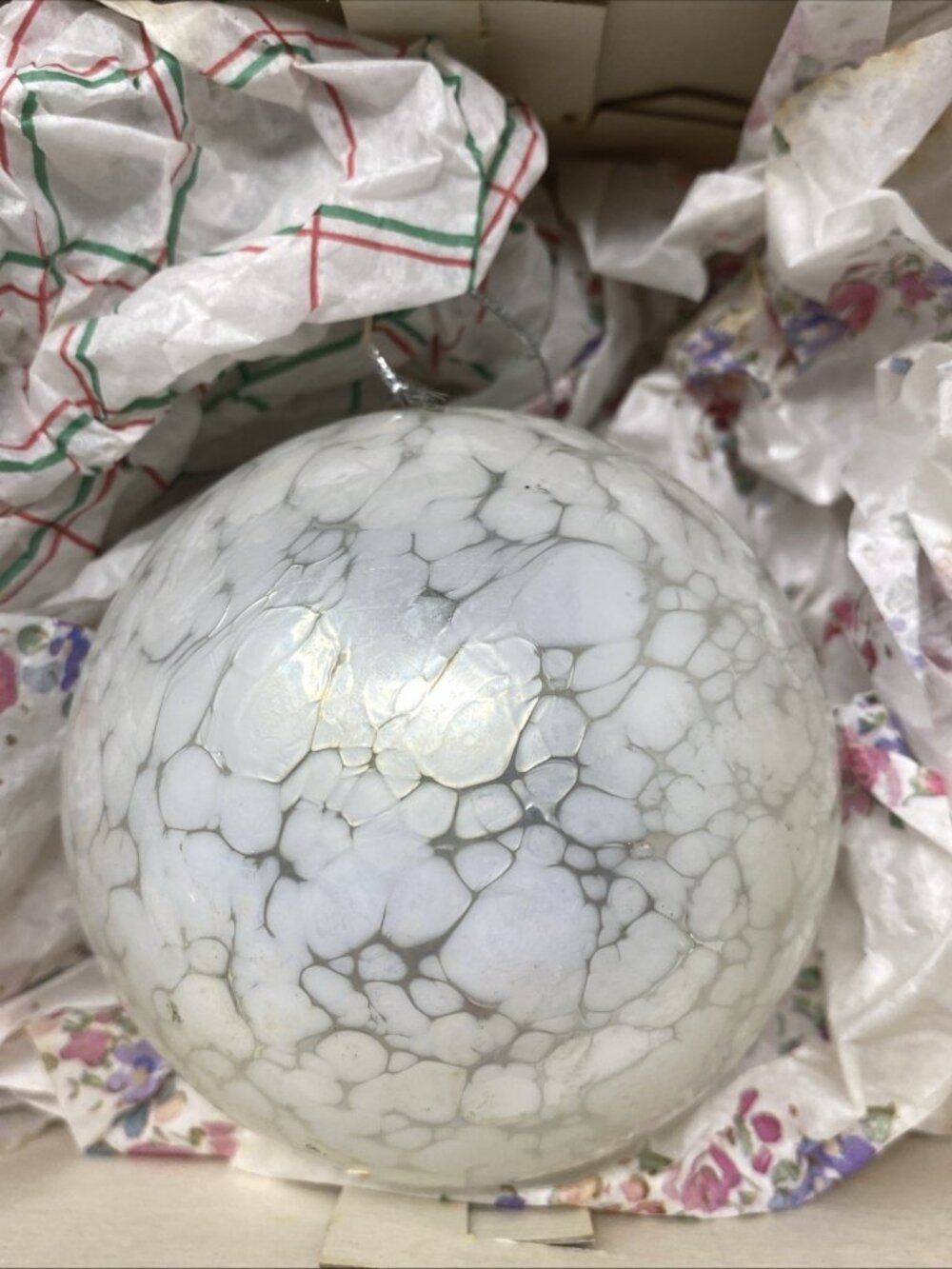 Hand Blown Art Glass Christmas Ornament Crackled White & Silver Ball Orb 3”